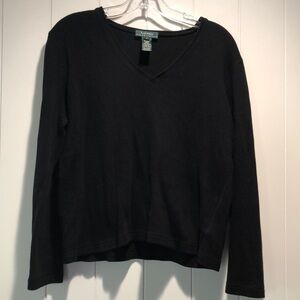 Lauren Ralph Lauren black ribbed stretch cotton v neck top L